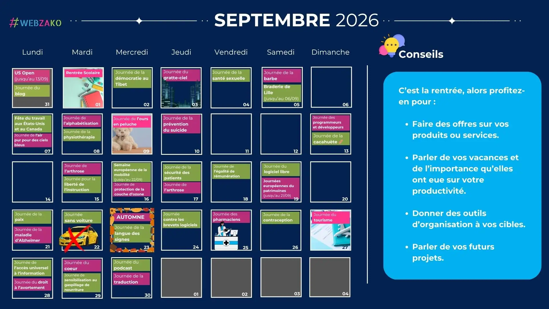 Calendrier social media 2026 Webzako